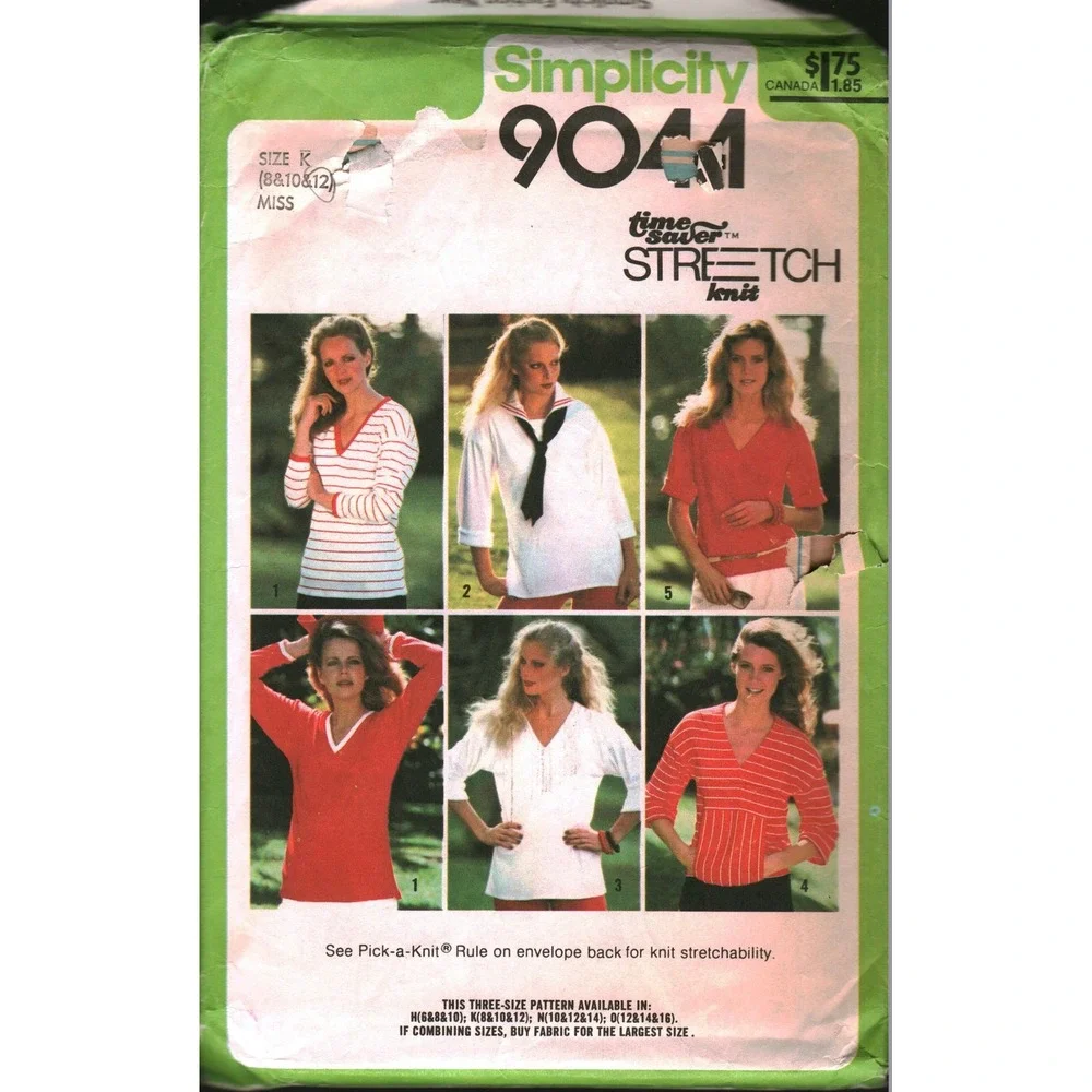 Vintage Simplicity 9044 Misses Pullover Tops‎ Tie Sewing Pattern Size K 8 10 12